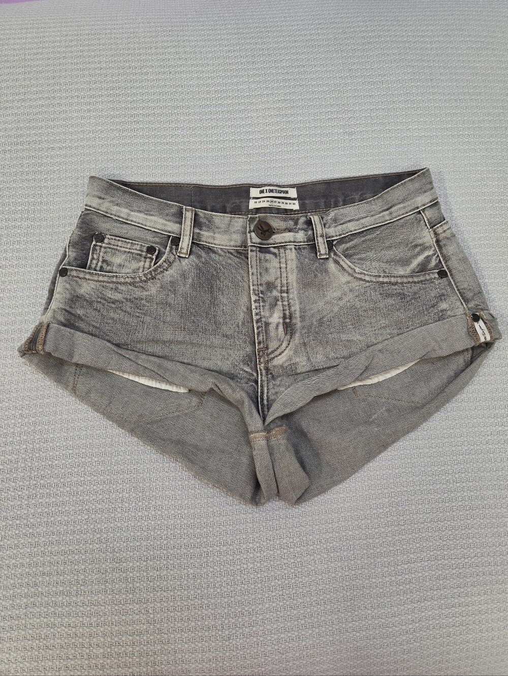 One Teaspoon Grey Washed Denim Roll-Cuff Shorts